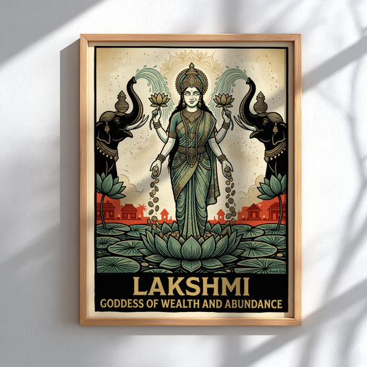 Lakshmi poster featuring the goddess of wealth with elephants in a vintage illustration