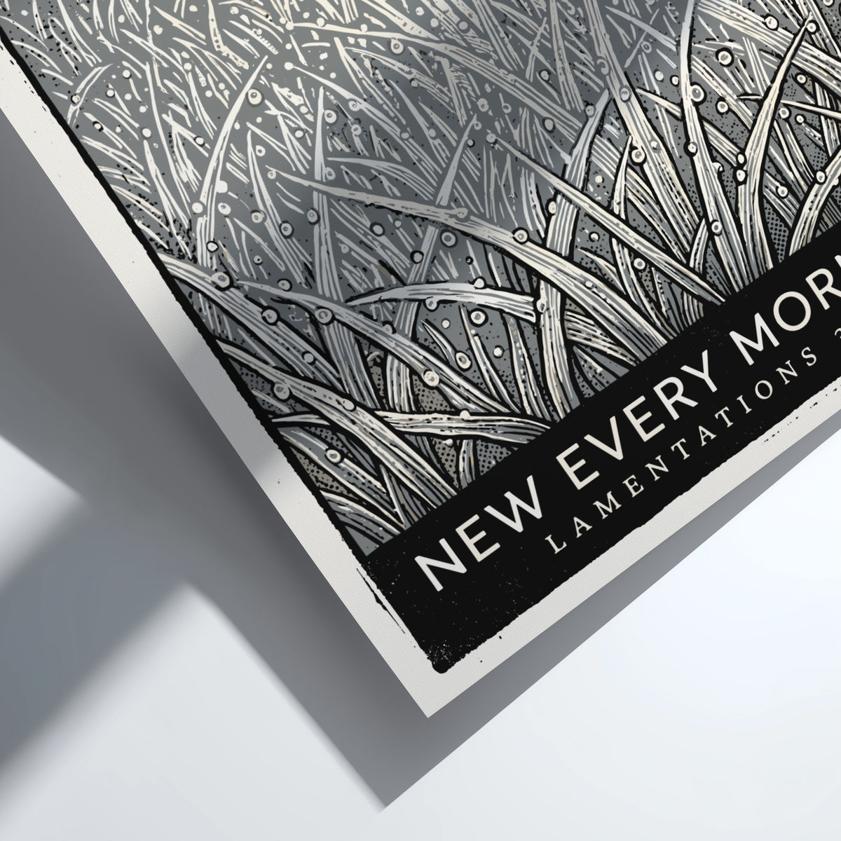 Poster featuring a dew-covered meadow with a farmhouse and New Every Morning text.