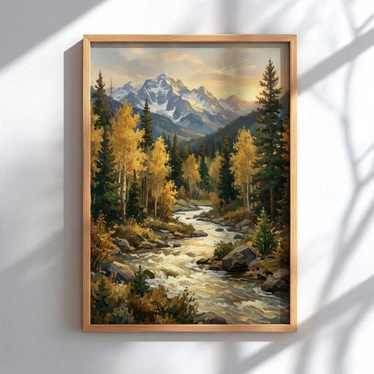 Poster of a mountain river flowing through an autumn forest with golden trees