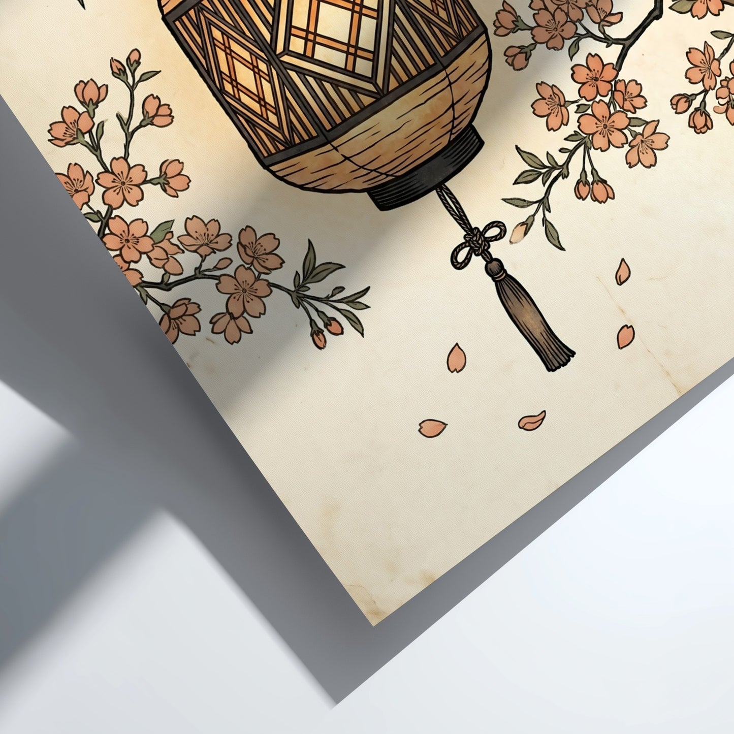 Japanese art style poster featuring a lantern and sakura branches in warm colors