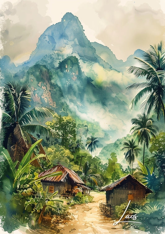 Affiche de voyage au Laos - Paysages vintage