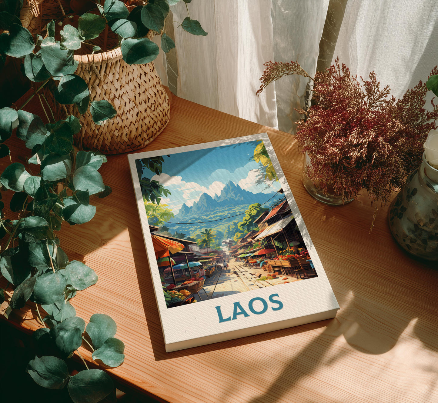 Canvas 'Laos' on a wooden table with plants around