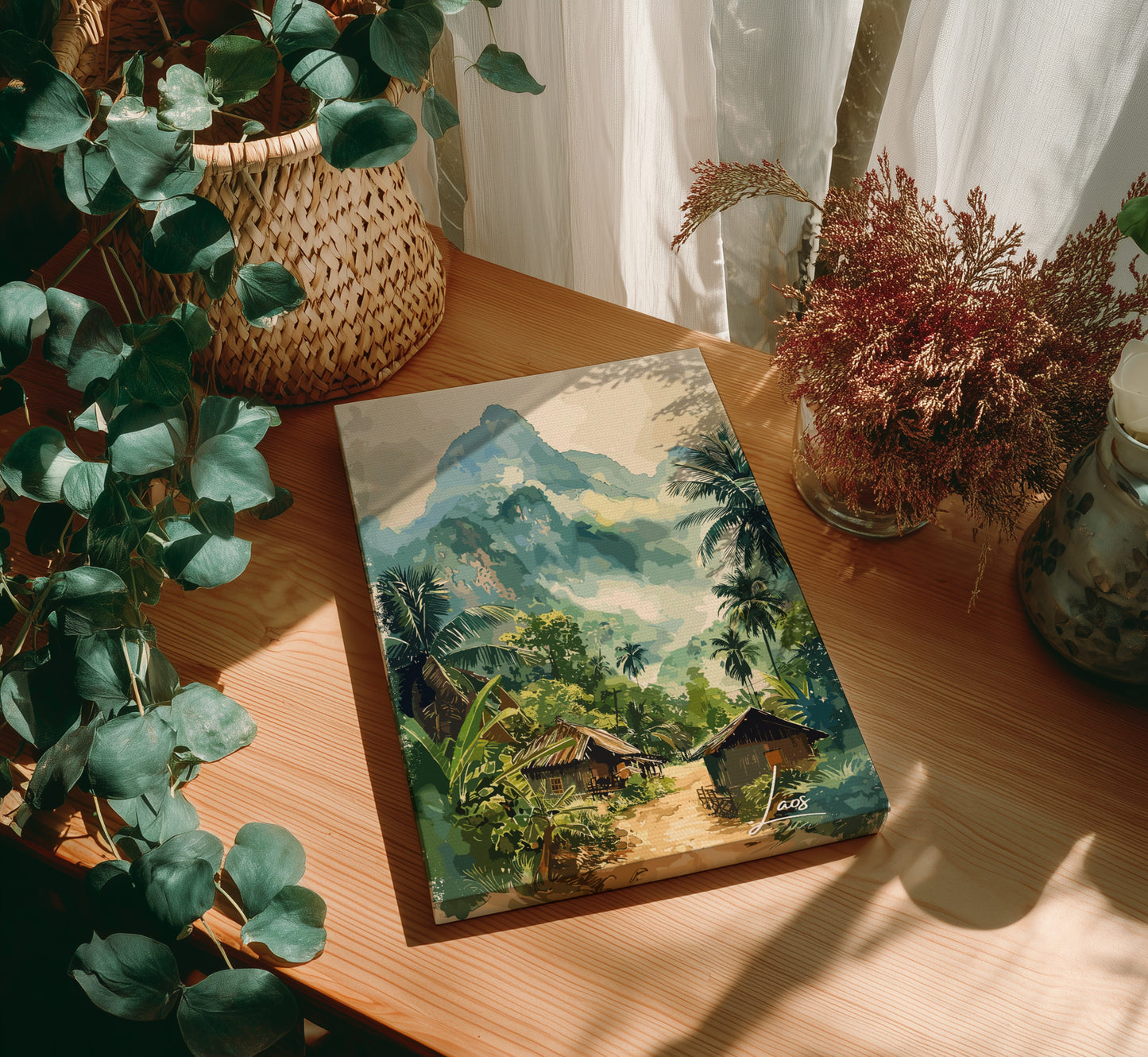 Painting of a mountain landscape on a wooden table with plants around