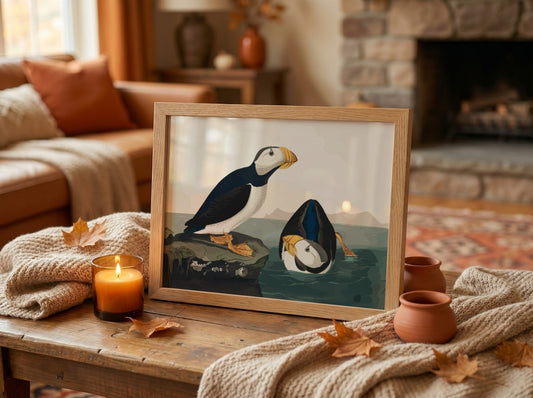 Large Billed Puffin poster featuring vibrant colors and intricate details, perfect for bird lovers and