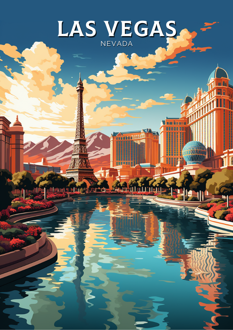 Affiche de voyage de Las Vegas - Illustration des fontaines du Bellagio