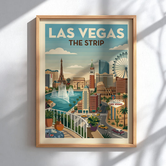 Vintage Las Vegas Strip cityscape poster with iconic landmarks and a retro color palette.