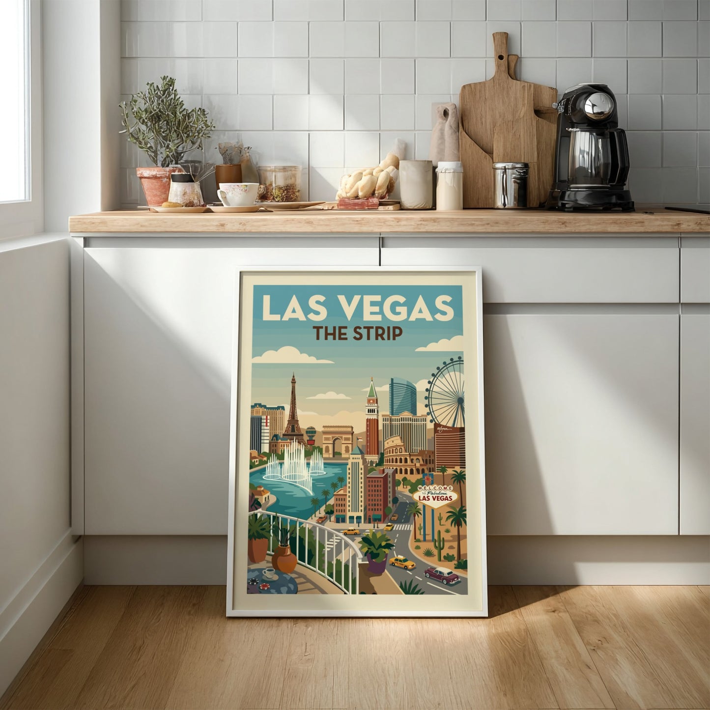 Vintage Las Vegas Strip cityscape poster with iconic landmarks and a retro color palette.