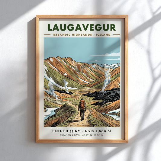 Poster of a hiker walking through the Laugavegur trail in the Icelandic Highlands mountains.