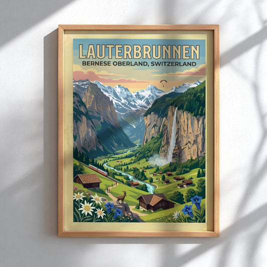 Travel poster featuring Lauterbrunnen Switzerland with waterfalls mountains wildflowers and a red train