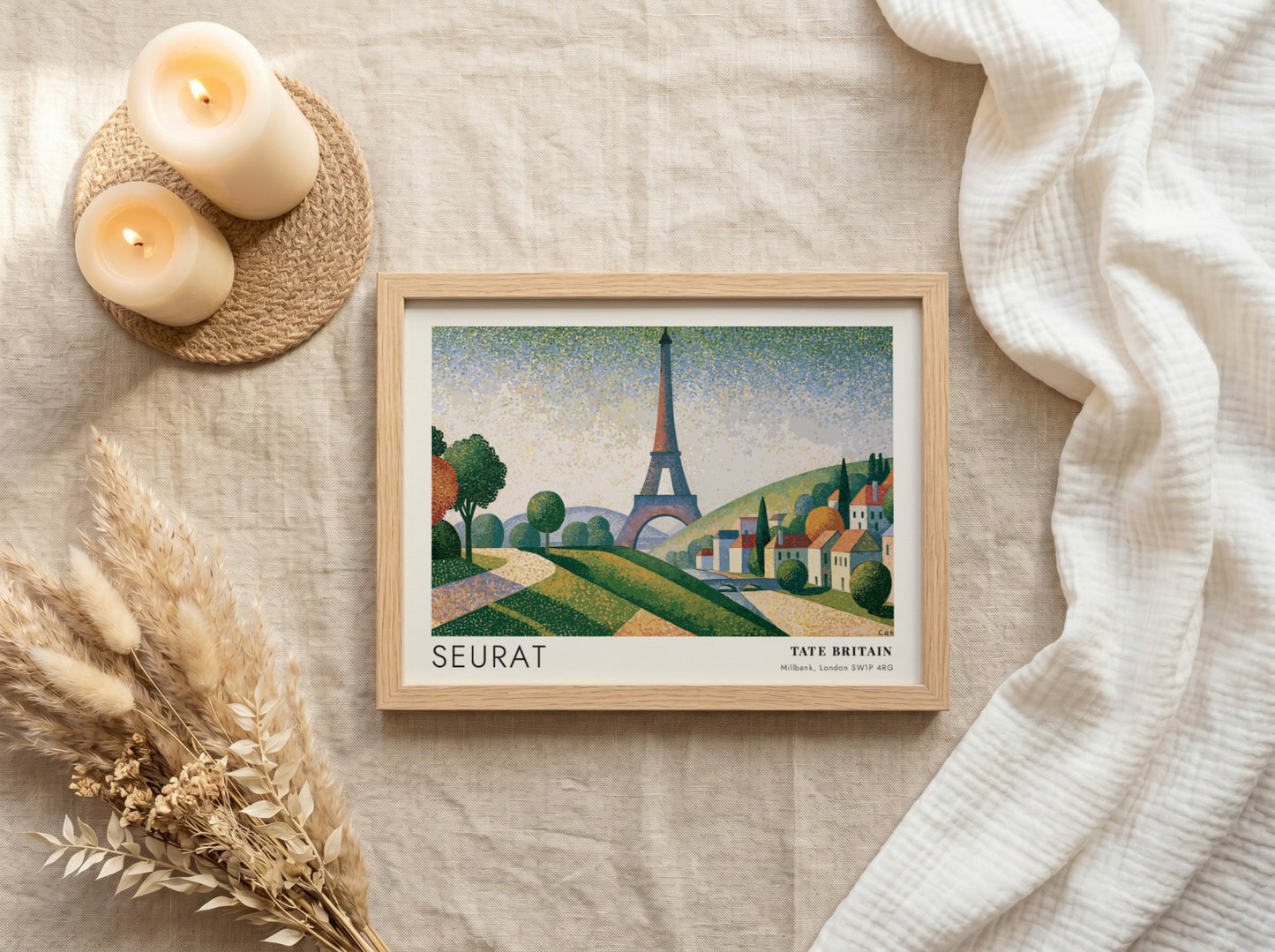 Wall art poster featuring Seurat Eiffel Tower exhibition design with pointillist landscape and hills