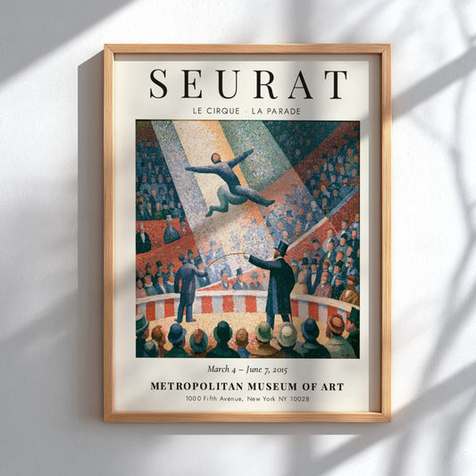 Seurat exhibition poster featuring Le Cirque La Parade with vibrant colors and dynamic circus scene