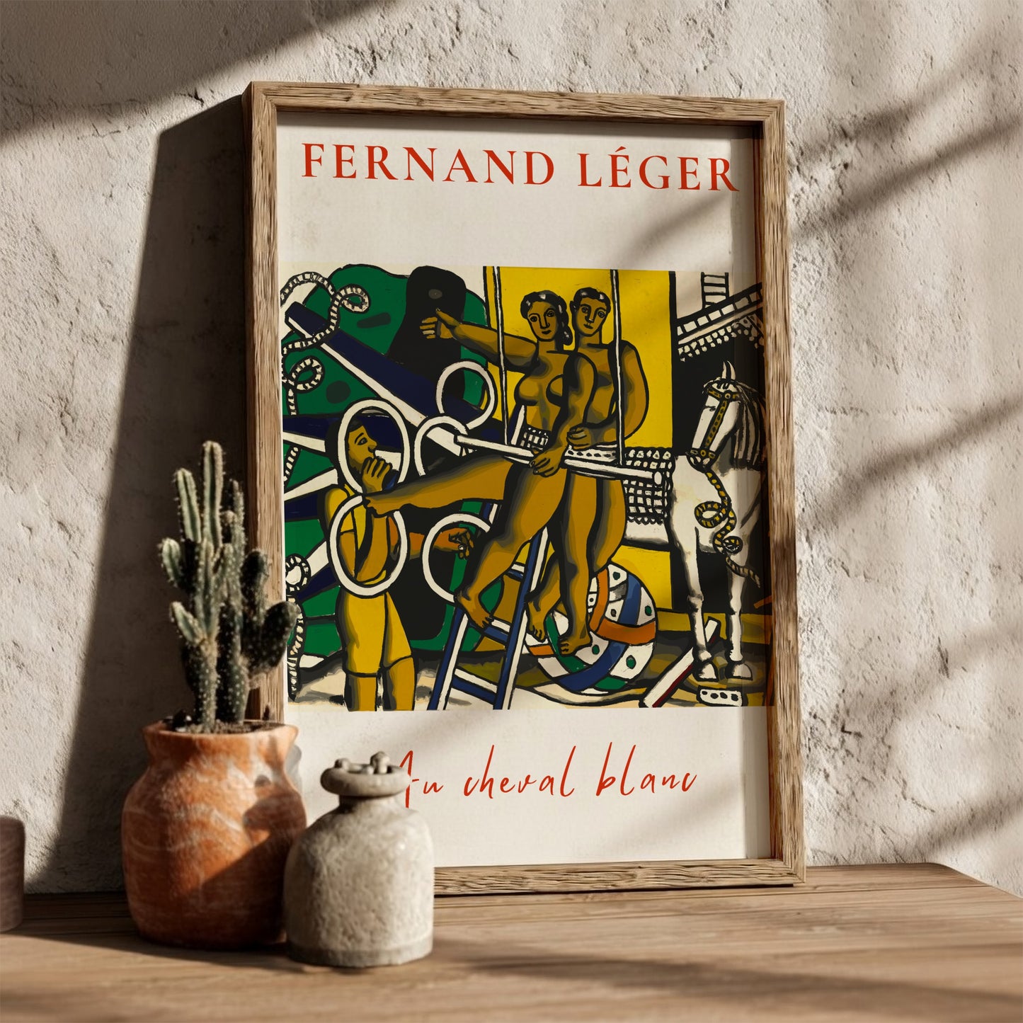 Fernand Léger "Au Cheval Blanc" circus poster with figures and a white horse, bold colors, vintage art style.