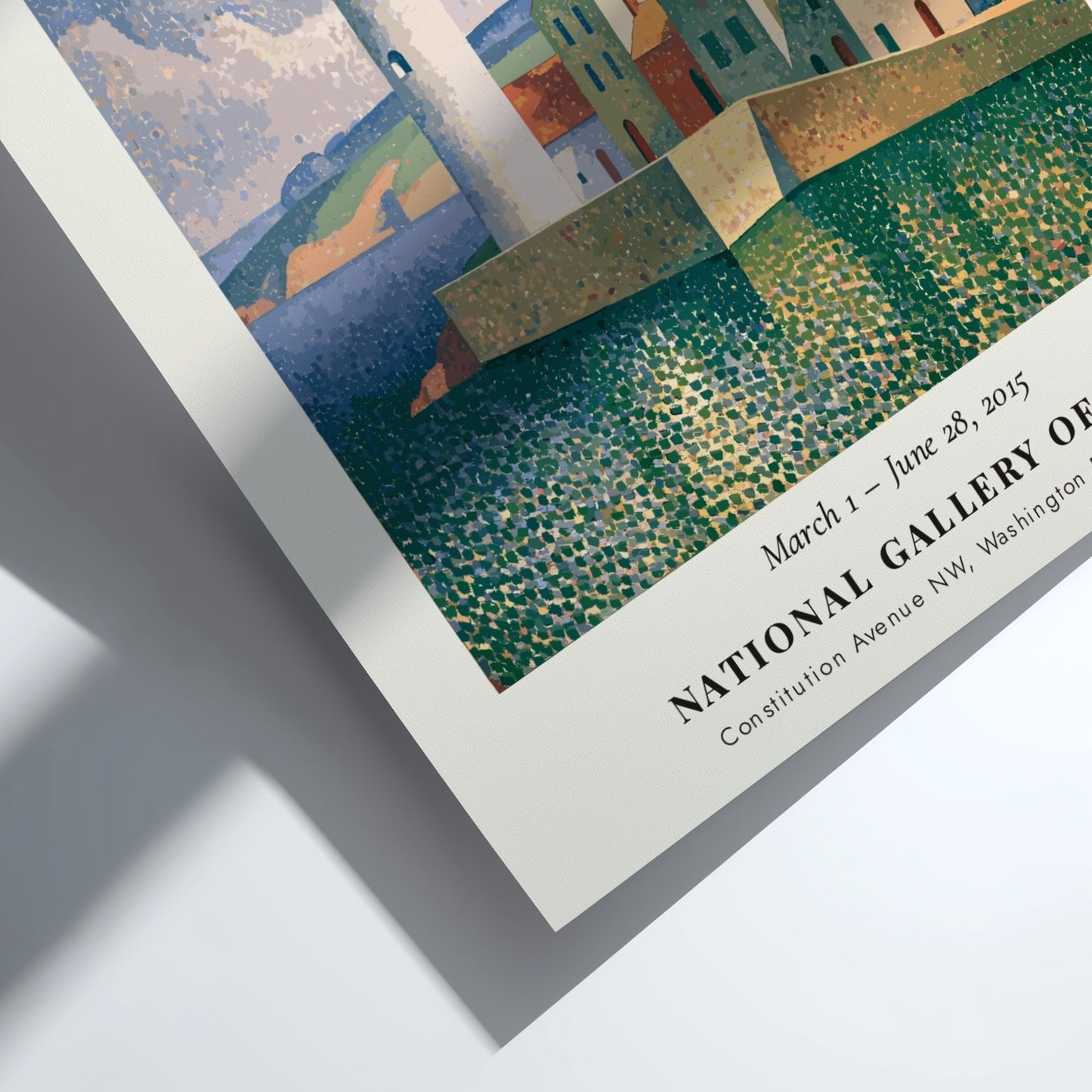 Seurat exhibition poster featuring Le Phare de Honfleur with vibrant coastal colors and a serene lighthouse