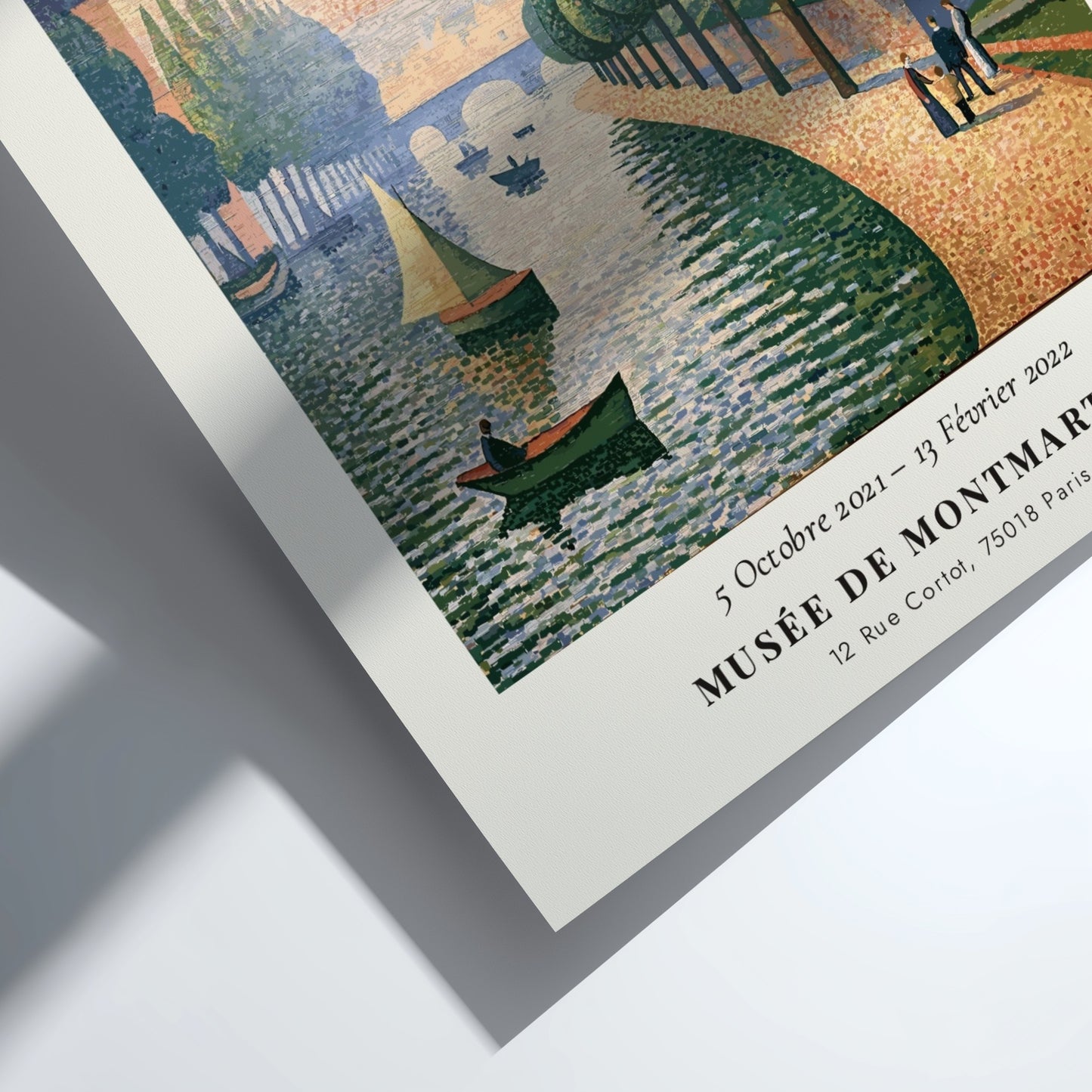 Seurat exhibition poster featuring vibrant pointillism style with riverside scene in soft colors