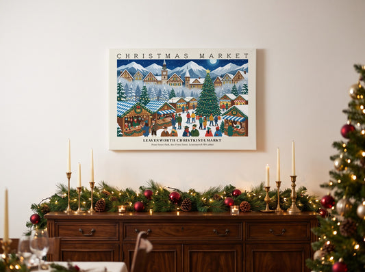 Poster of a festive Leavenworth Christkindlmarkt featuring snowy mountains and glowing market stalls.
