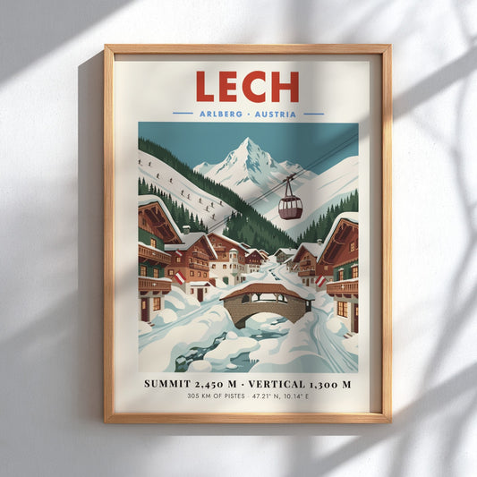 Lech ski resort poster featuring snowy mountains and chalets in a vintage style