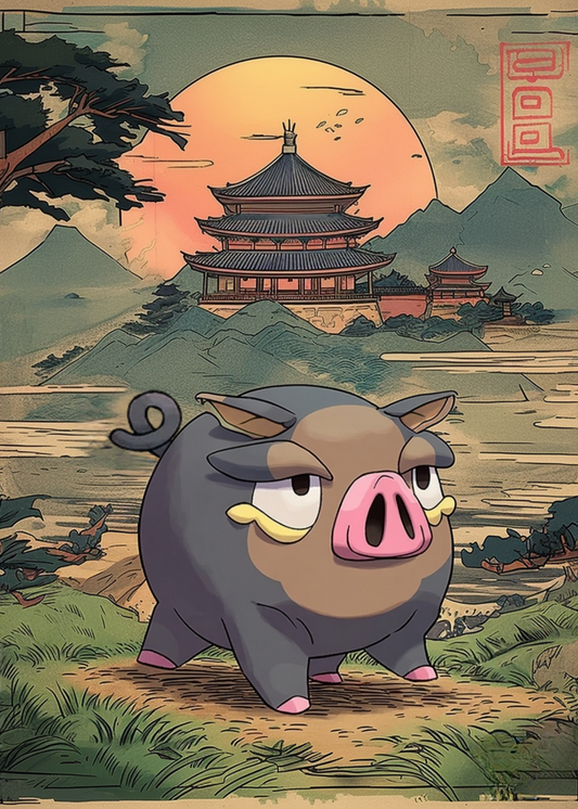 Lechonk Pokemon character in a scenic landscape with traditional Chinese architecture and mountains.