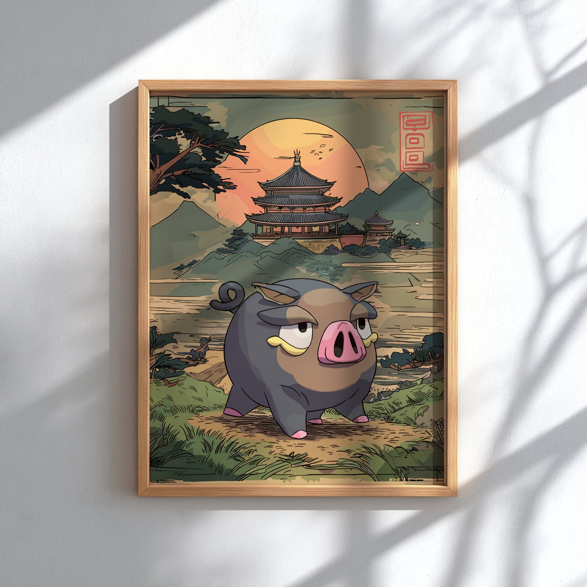 Framed artwork of a stylized Lechonk Pokemon character in a traditional Japanese setting with a temple and sunset.