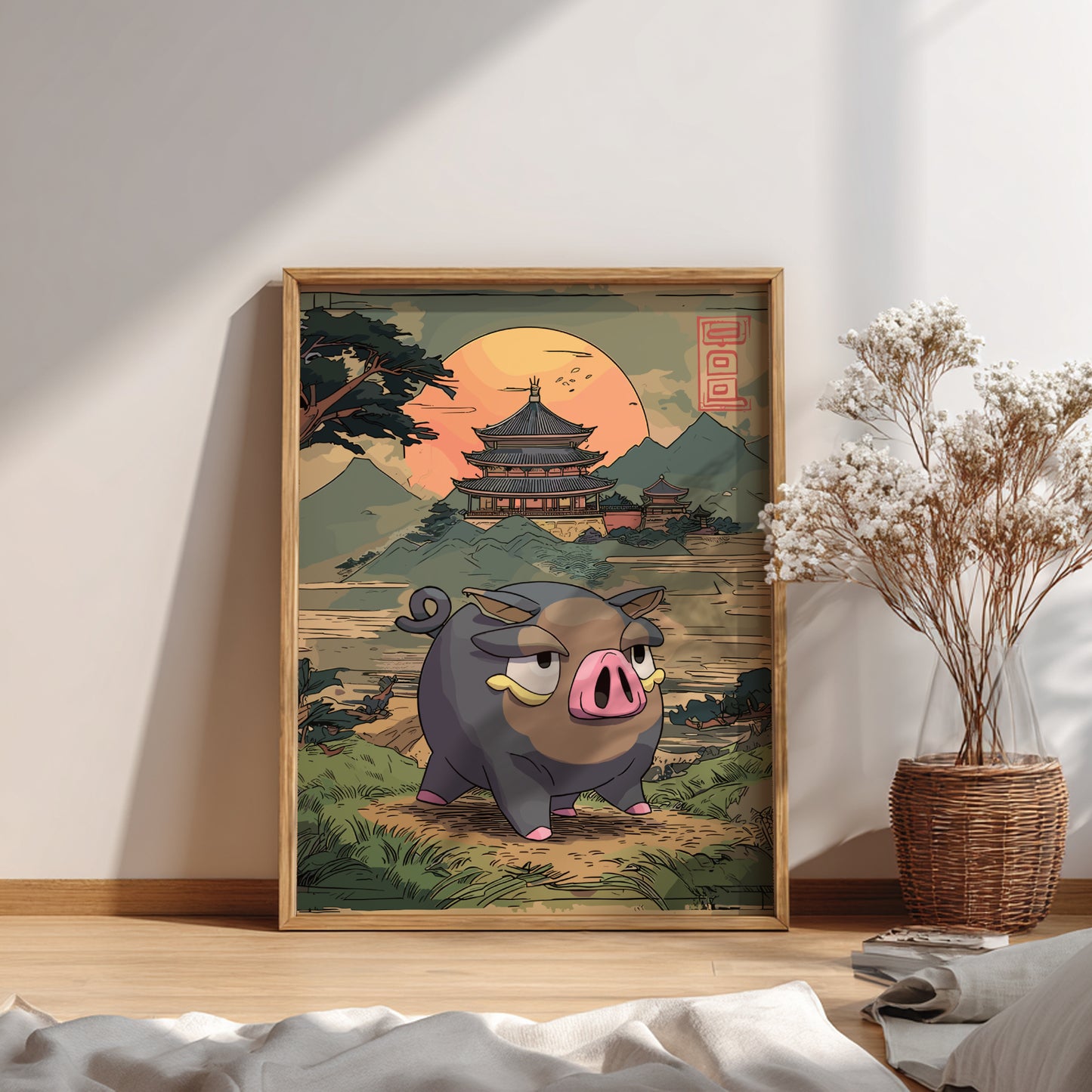 Framed artwork of Lechonk Pokemon in a traditional Japanese setting on a wall.