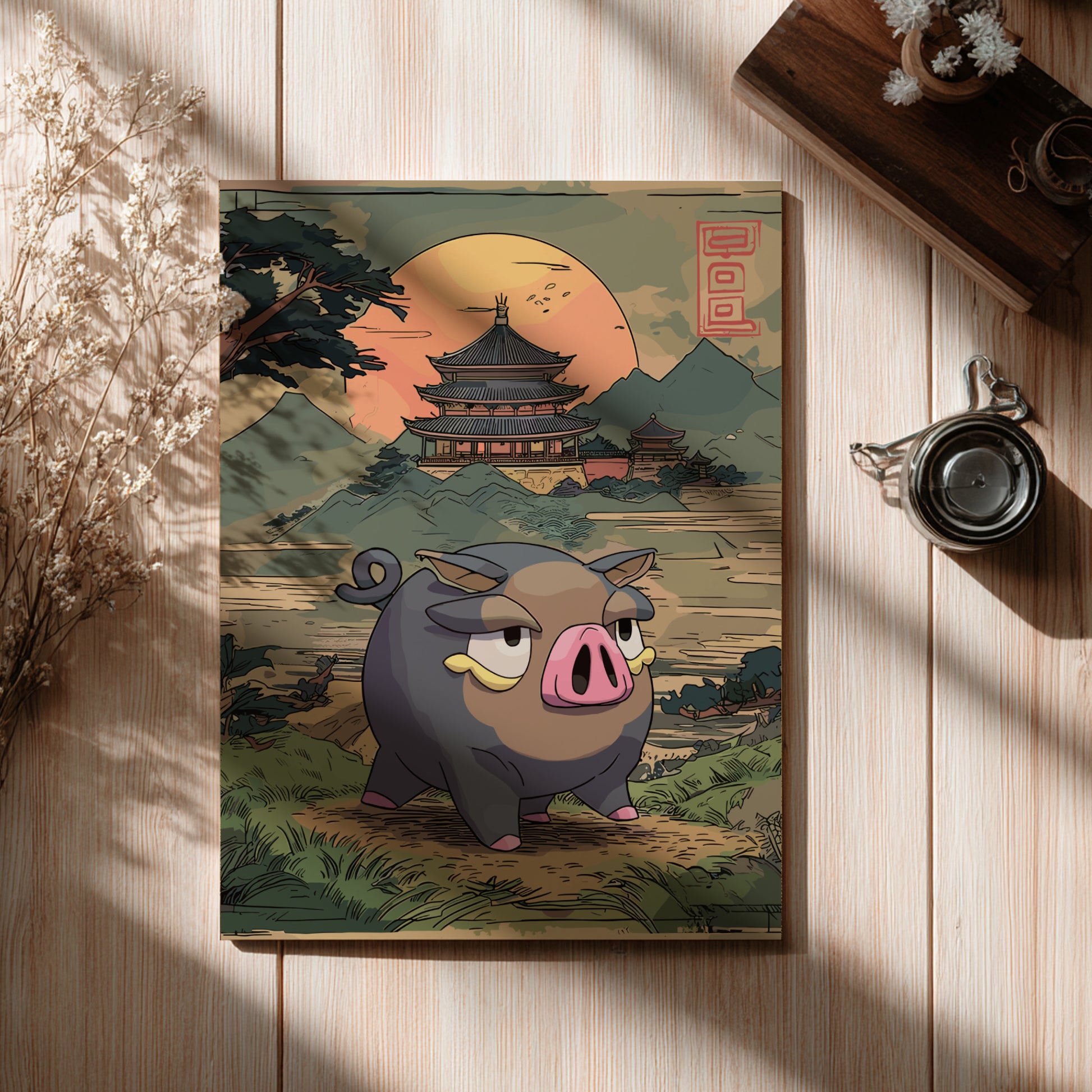 Lechonk Pokemon character in a scenic setting with mountains and a temple on a wooden surface.