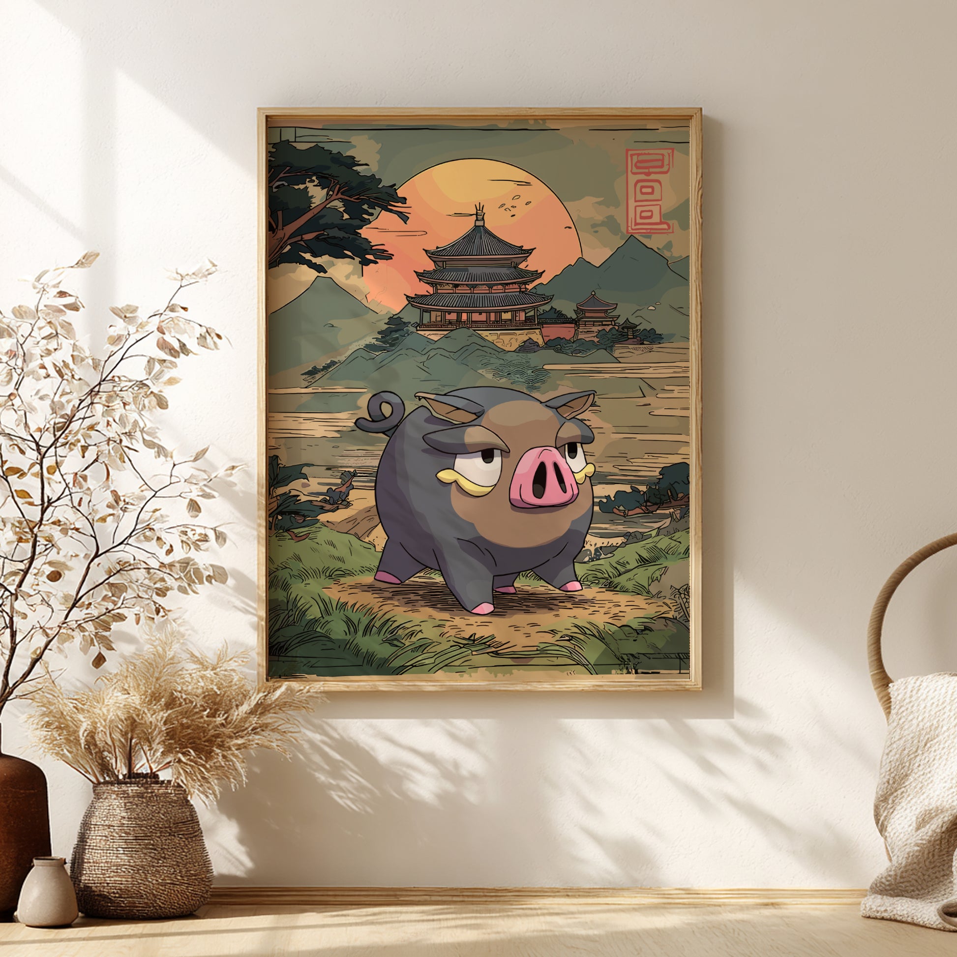 Framed artwork of Lechonk Pokemon in a traditional Japanese setting on a wall.
