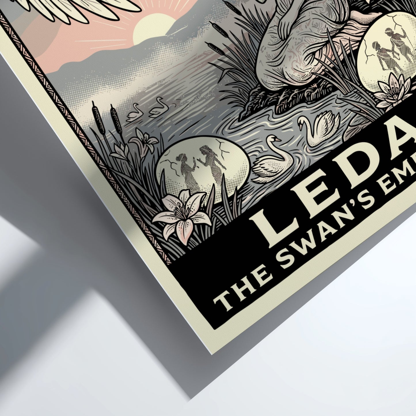 Leda and the Swan Greek mythology poster with a woman and swan by a lake, in a classical art style.