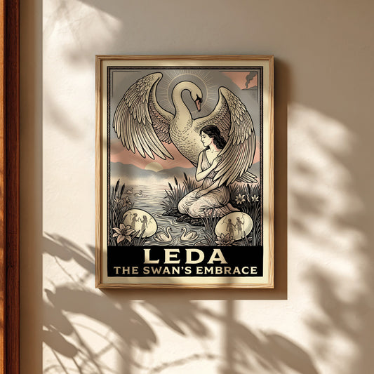 Leda and the Swan Greek mythology poster with a woman and swan by a lake, in a classical art style.