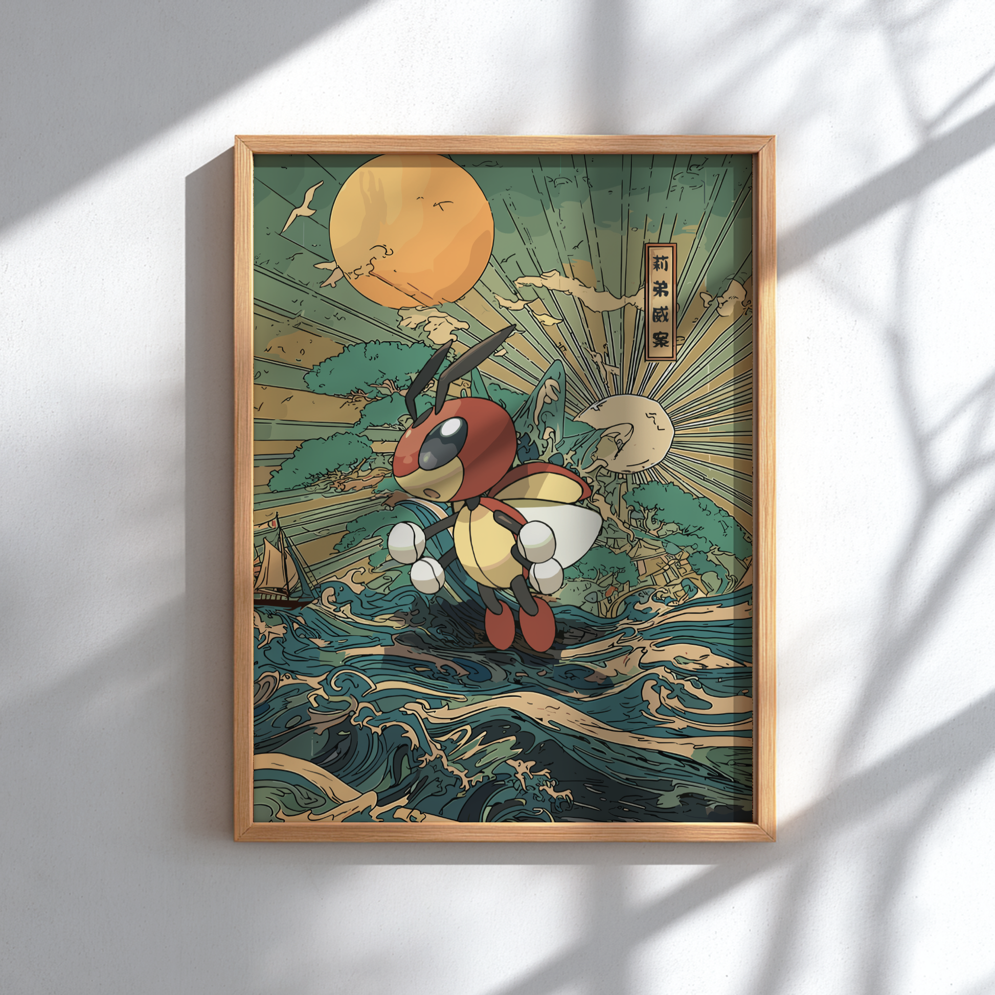 Framed artwork with a Ledian Pokemon character on a wave background, resembling a famous painting.