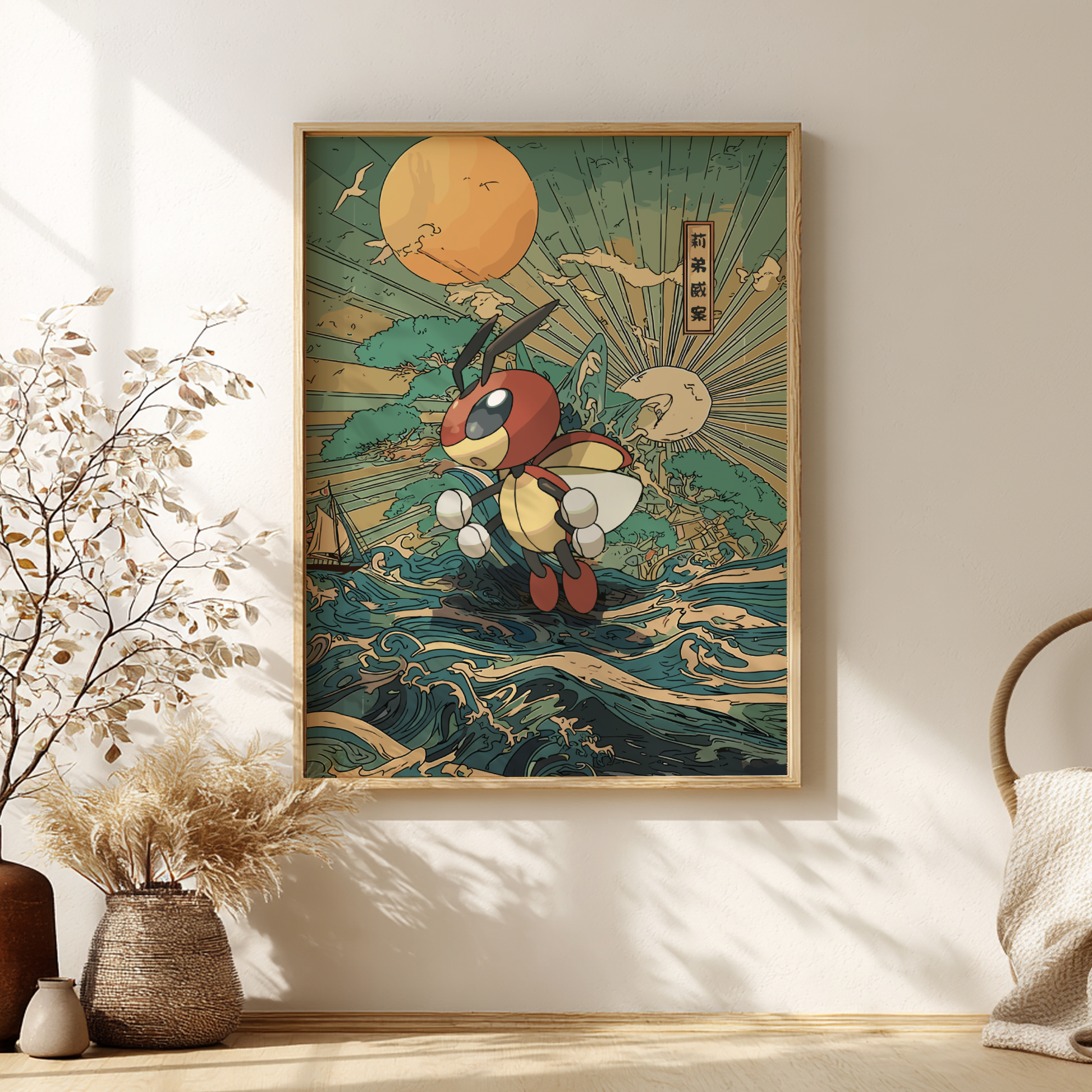 Framed artwork of a Ledian Pokemon character on a wave with a sunset in the background, displayed in a room.