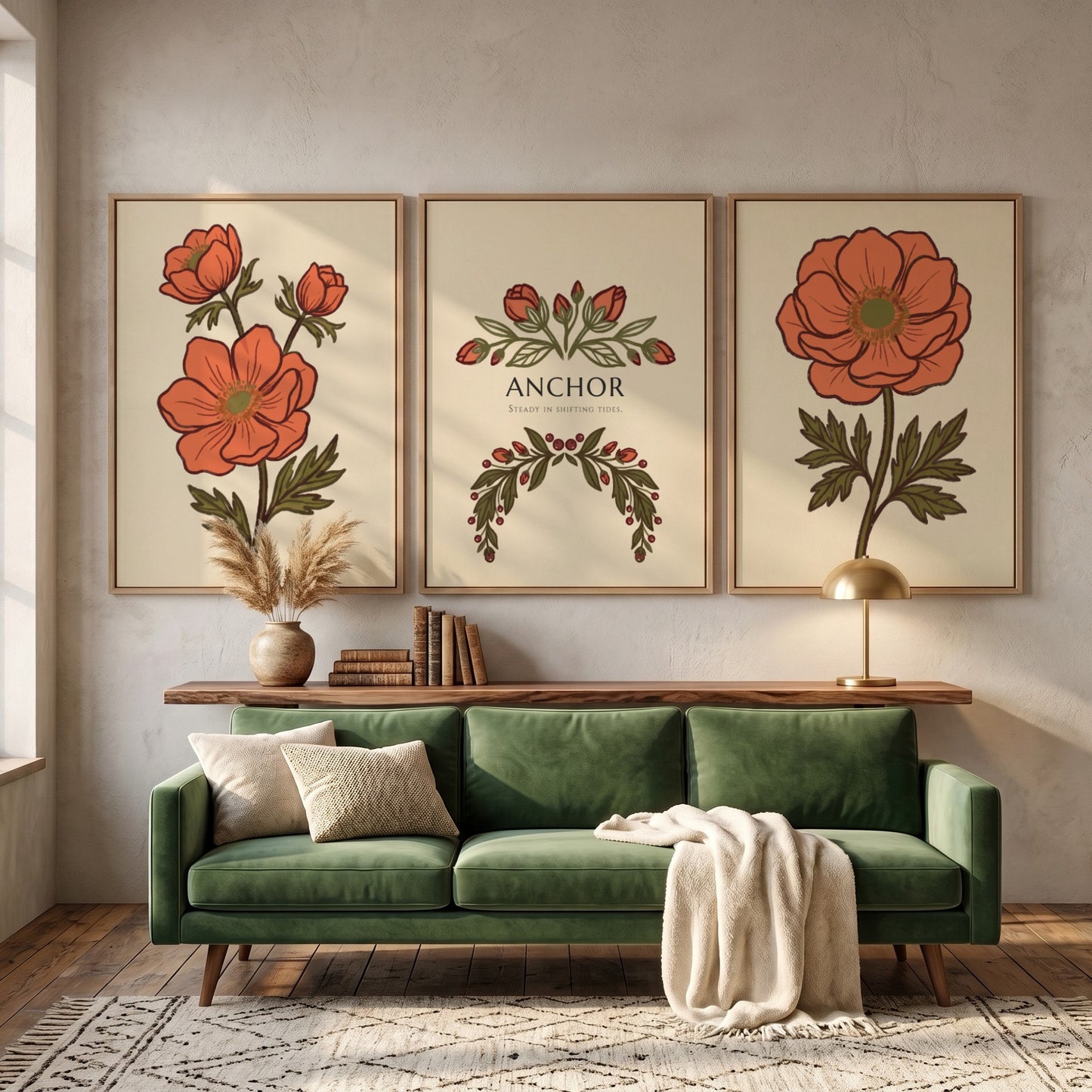 Poster set featuring orange anemone flowers and Anchor text on warm cream background