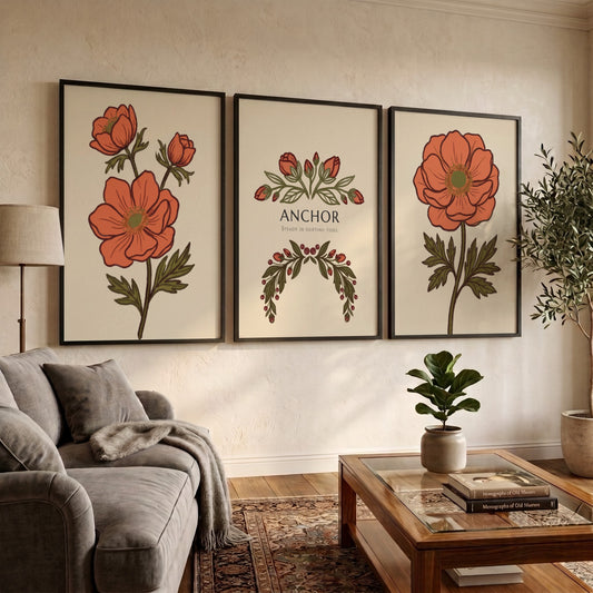 Poster set featuring orange anemone flowers and Anchor text on warm cream background