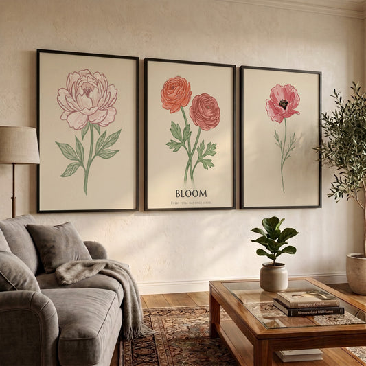 Poster set featuring three vintage style botanical flower illustrations on a cream background.