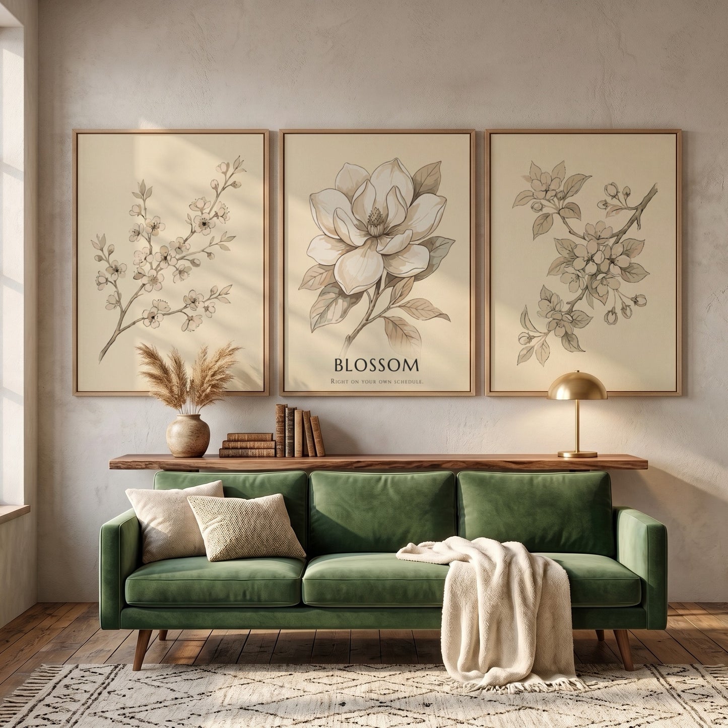 Poster set of three botanical illustrations featuring blossom branches and a magnolia flower.