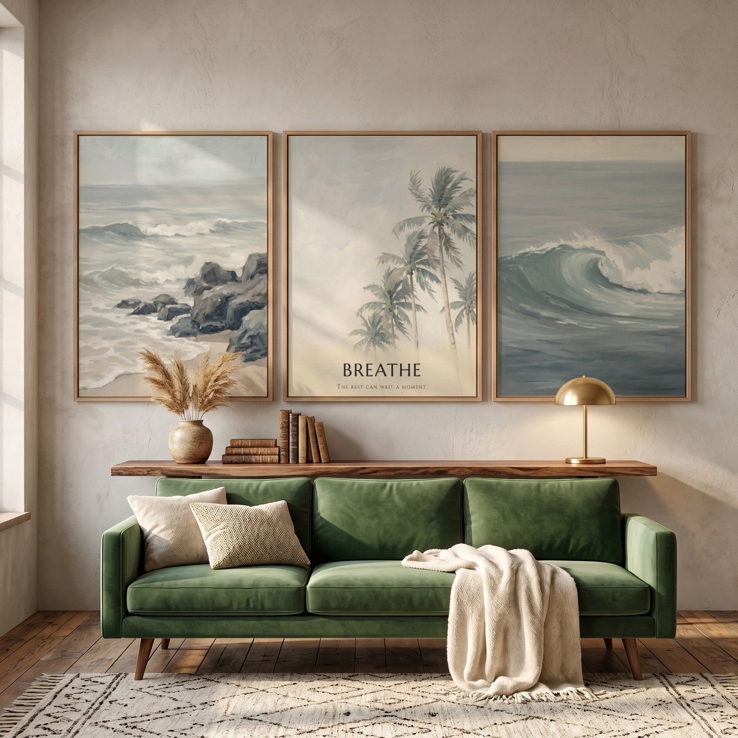 Poster triptych of ocean waves and palm trees with Breathe text on wall
