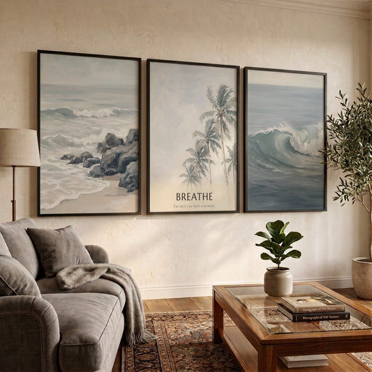 Poster triptych of ocean waves and palm trees with Breathe text on wall