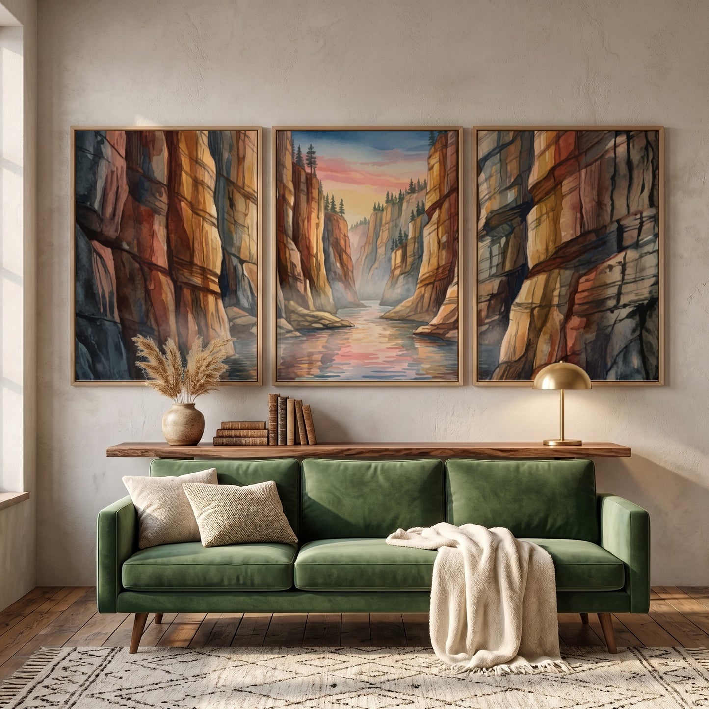 Three vertical watercolour panels depicting a canyon river landscape under a sunset sky