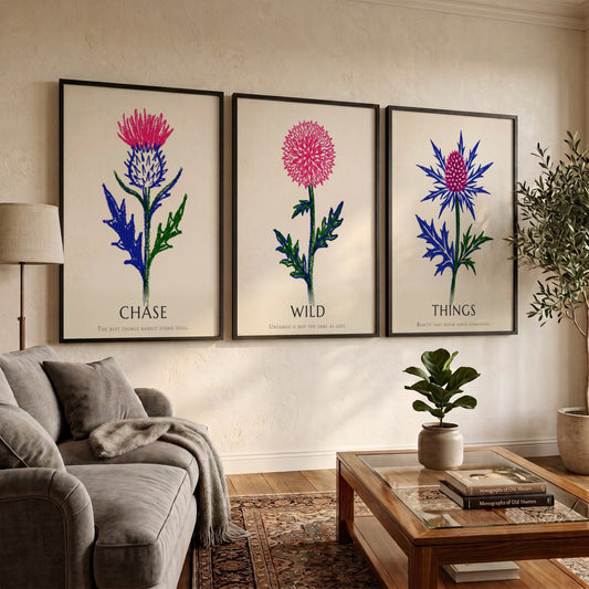 Poster set featuring Things Wild Chase text with vibrant pink and blue thistles