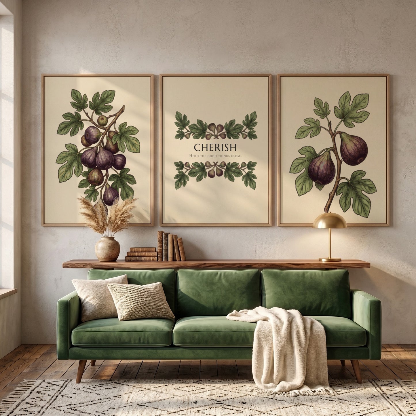 Poster set featuring purple figs and green leaves with the word Cherish displayed centrally.