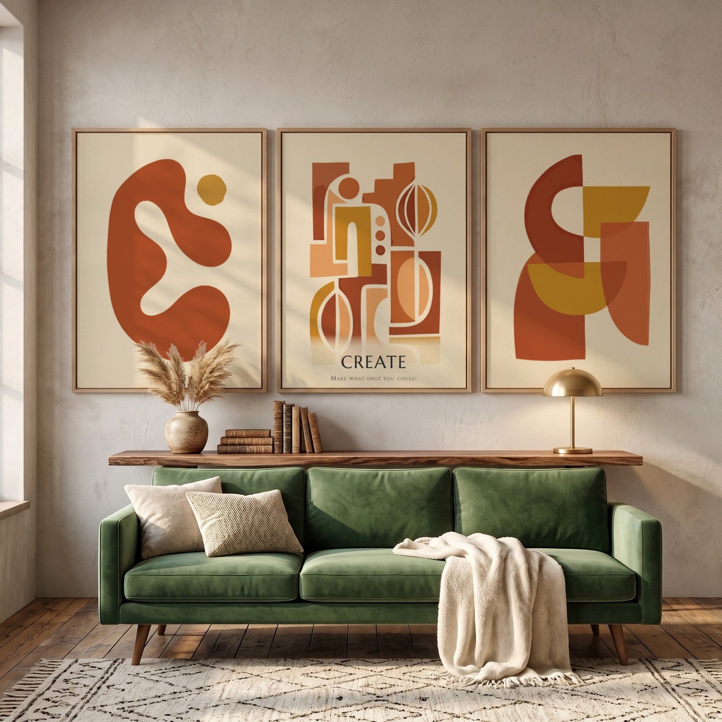 Poster set featuring three abstract geometric designs in warm terracotta and ochre tones.