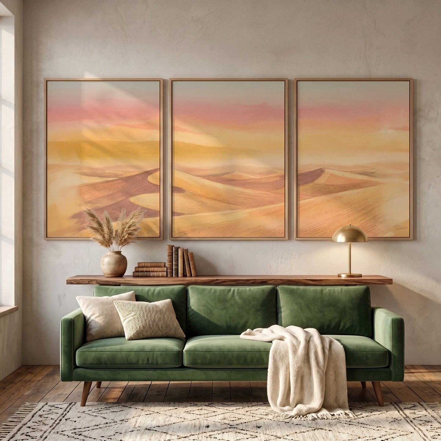 Three framed landscape prints showing golden desert dunes under a soft sunset sky