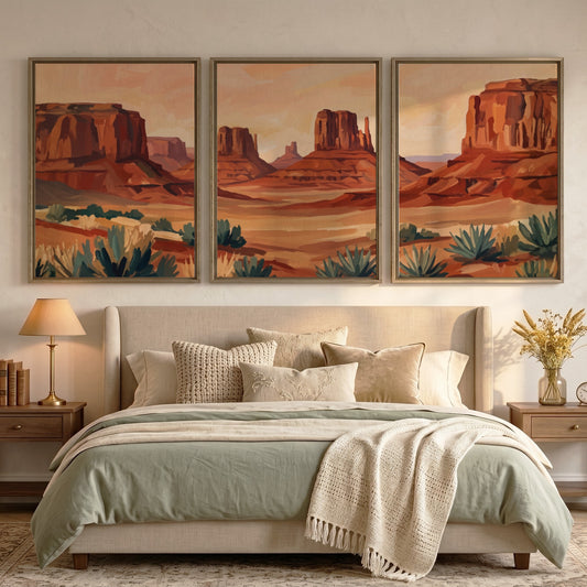 Triptych of desert rock formations featuring warm ochre and sage tones in landscape
