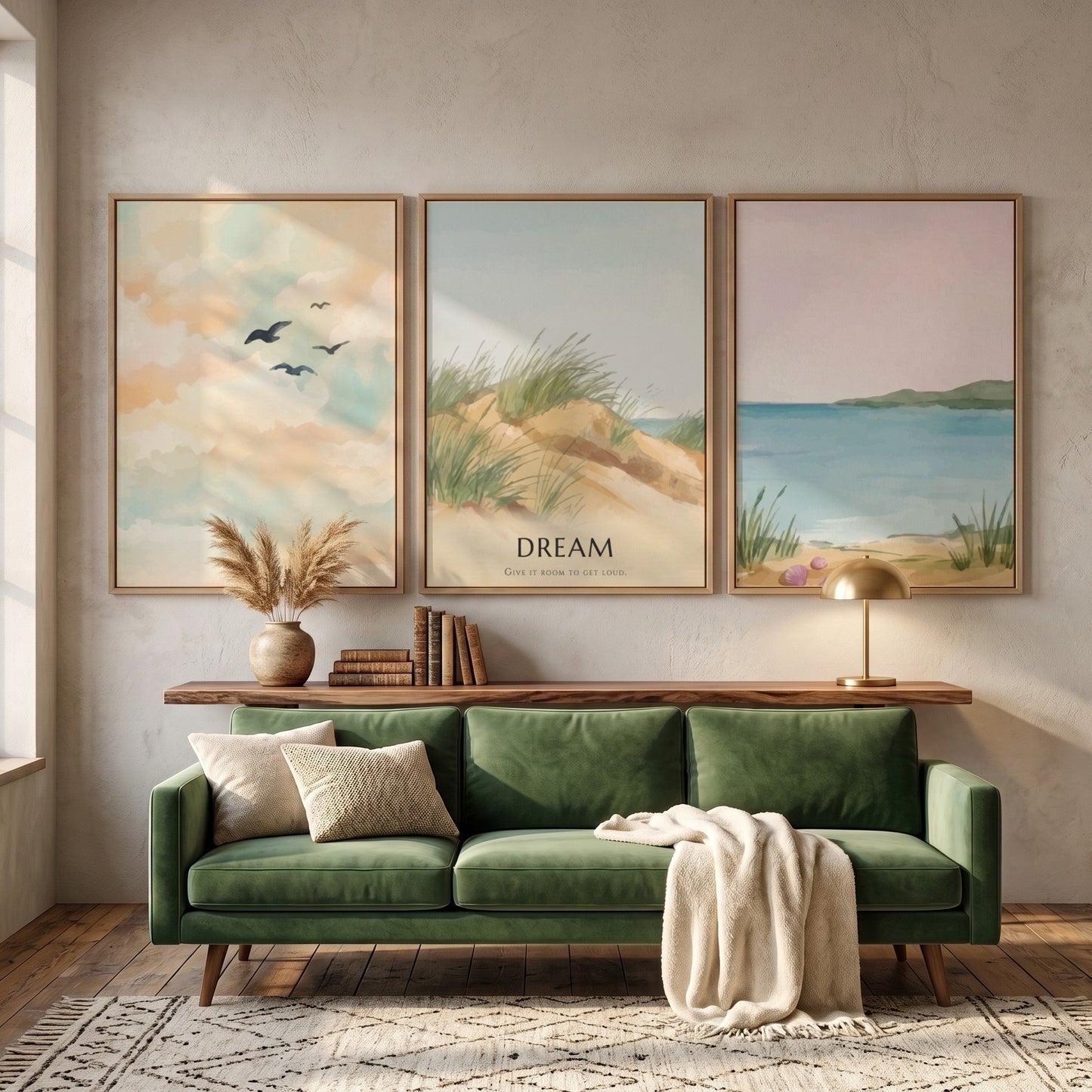 Poster set featuring a coastal landscape with sand dunes and the word dream displayed.