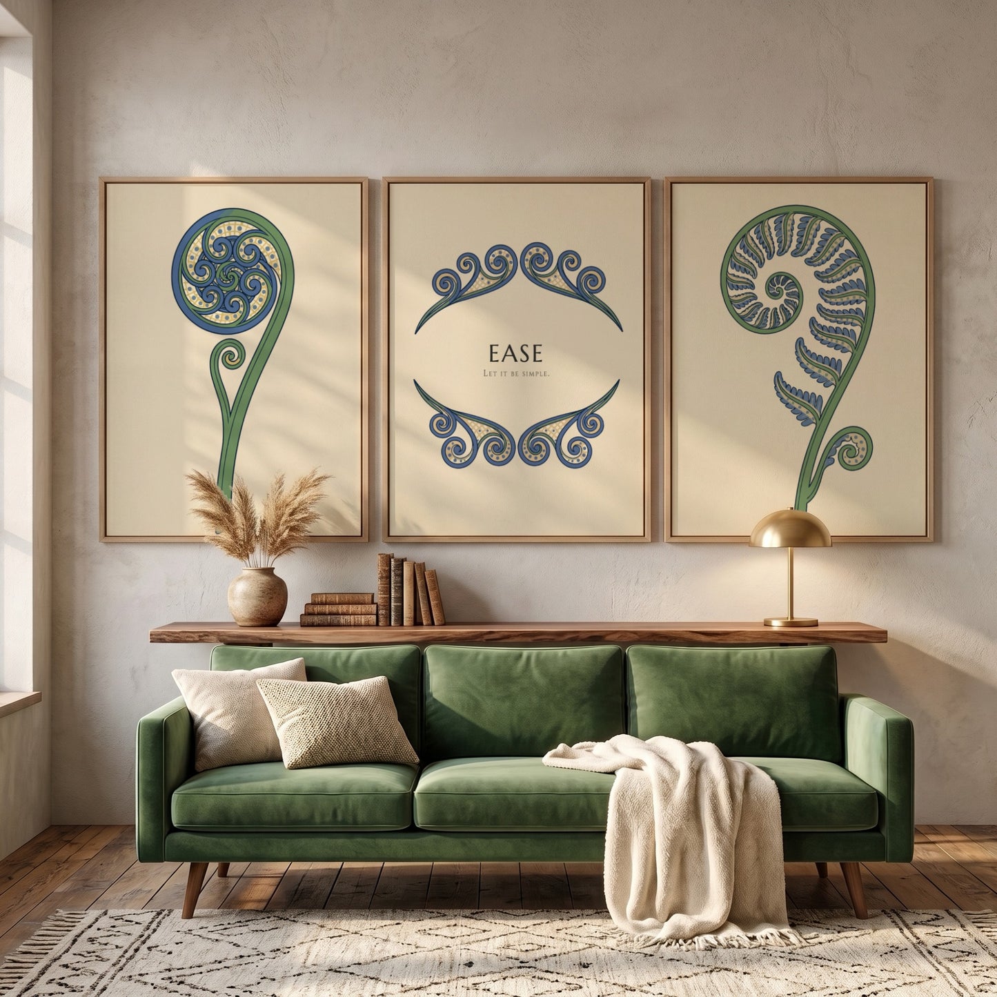 Poster triptych featuring blue and green fern fronds on a light cream background