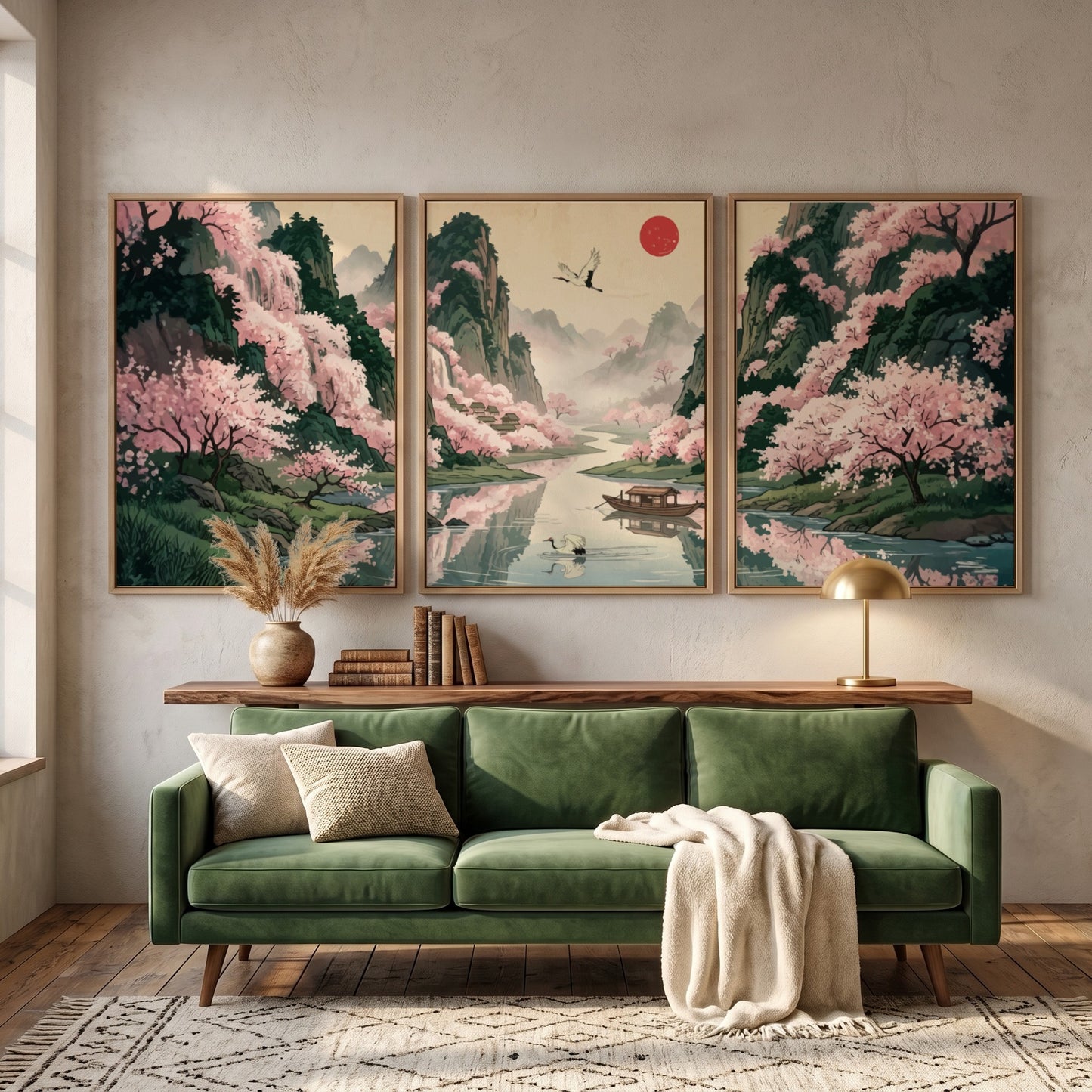 Three framed Japanese landscape panels featuring pink cherry blossoms, a river, and mountains.