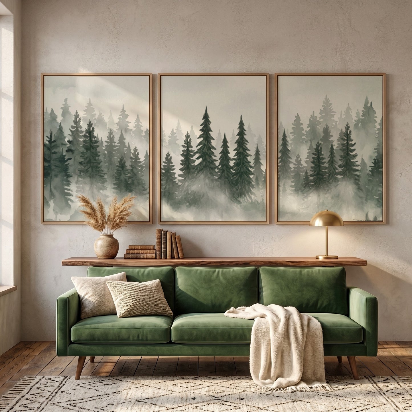 Three framed prints showing a misty pine forest in shades of green and grey