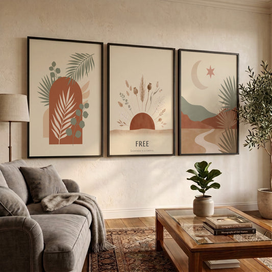 Poster set featuring minimalist boho landscapes with desert motifs in terracotta and sage.