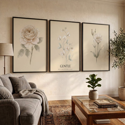 Poster set featuring three botanical illustrations with neutral cream backgrounds and elegant text