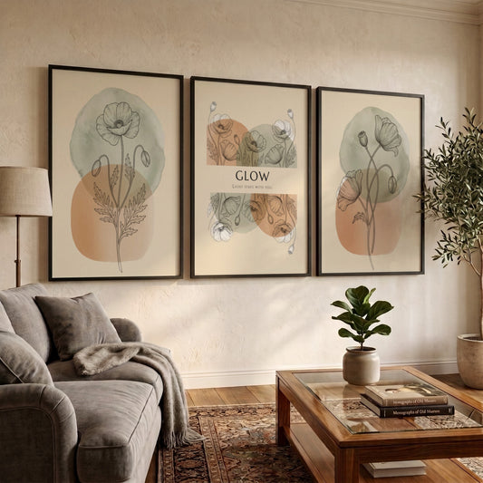 Poster set featuring delicate botanical mimosa line drawings over soft sage and ochre circles.