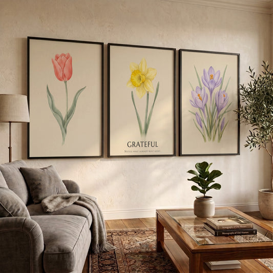 Poster set featuring watercolour crocus, daffodil with grateful text, and tulip on cream