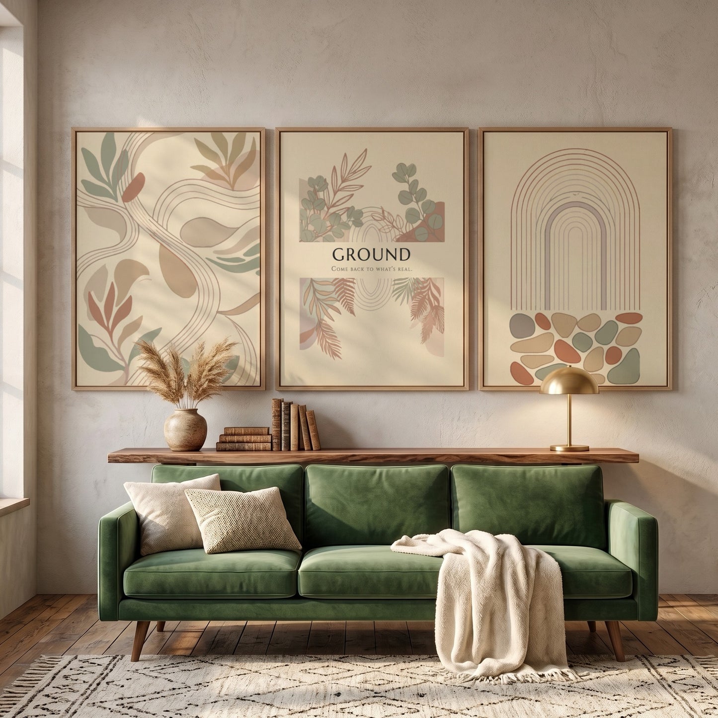 Poster set featuring Ground text with earthy botanical illustrations and minimalist abstract shapes